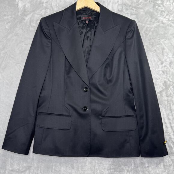 Escada Jackets & Blazers - Escada Blazer Womens 42 Black Wool Stretch Classic Two Button Jacket Gold Accent